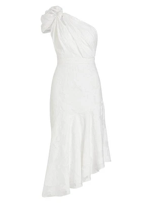 One-Shoulder Floral Jacquard Midi-Dress