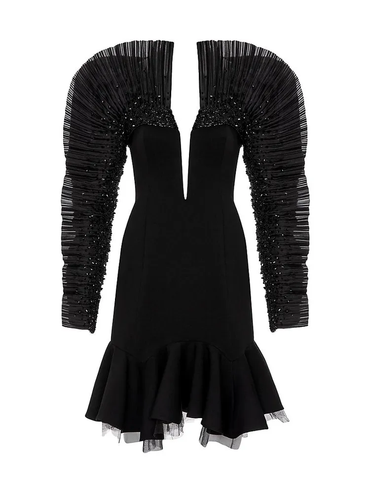 Pleated Sequin-Sleeve Minidress