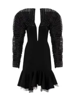 Pleated Sequin-Sleeve Minidress