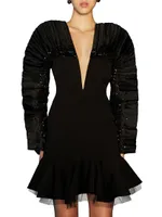 Pleated Sequin-Sleeve Minidress