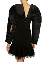 Pleated Sequin-Sleeve Minidress