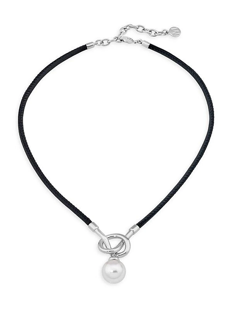 Nudo Rhodium-Plated Silver, Leather & Faux Pearl Choker