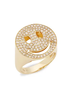 Large Happy Face 14K Gold & Diamond Signet Ring