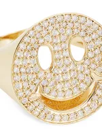 Large Happy Face 14K Gold & Diamond Signet Ring