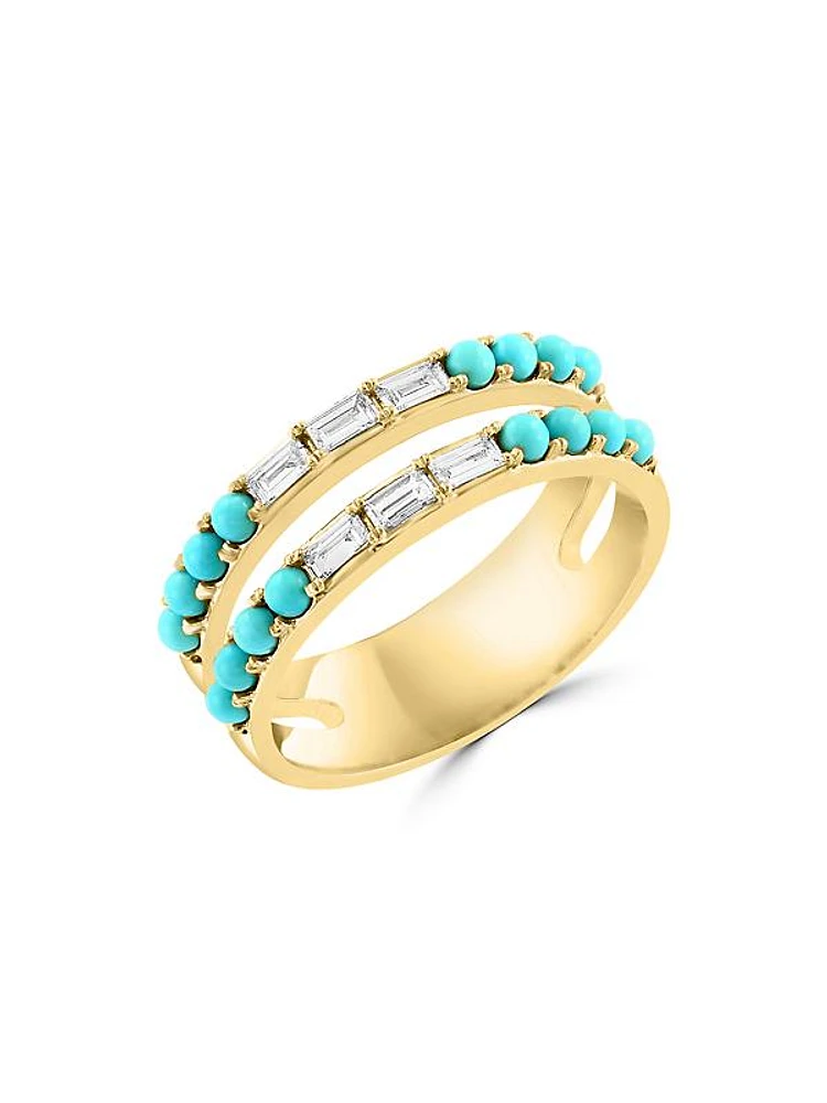 14K Yellow Gold, Turquoise, & 0.26 TCW Diamond Double-Band Ring