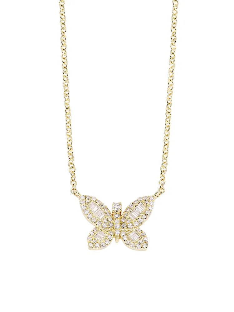 14K Yellow Gold & 0.13 TCW Diamond Butterfly Pendant Necklace