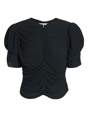 Pleated Ruched-Sleeve Keyhole Top