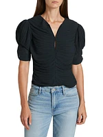 Pleated Ruched-Sleeve Keyhole Top