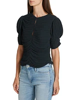 Pleated Ruched-Sleeve Keyhole Top