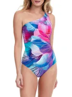 Golden Asymmetric Floral One-Piece Swimwear