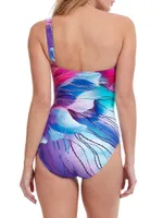 Golden Asymmetric Floral One-Piece Swimwear