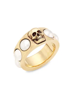 Goldtone & Faux-Pearl Skull Ring