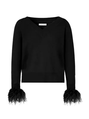 Feather-Embellished V-Neck Sweater