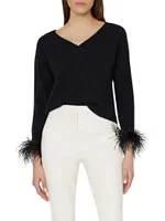 Feather-Embellished V-Neck Sweater