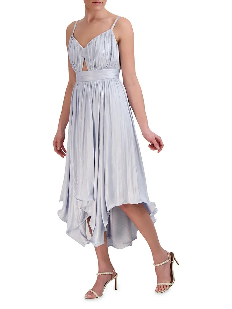 Asymmetric Pleated Satin Midi-Dress