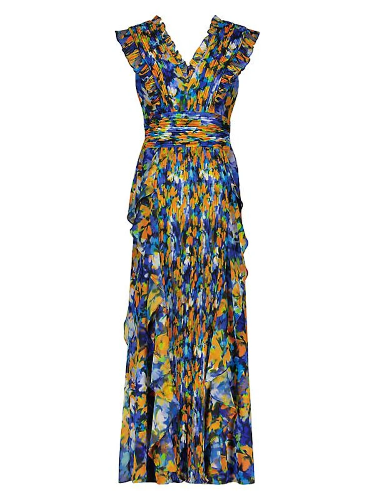 Printed Pleated Ruffle Gown