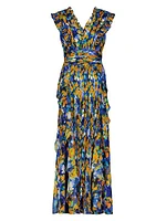 Printed Pleated Ruffle Gown