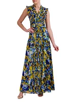 Printed Pleated Ruffle Gown