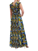 Printed Pleated Ruffle Gown