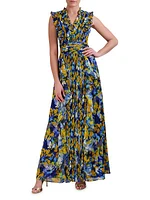 Printed Pleated Ruffle Gown