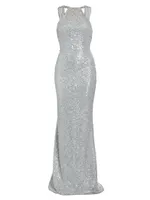 Beaded Sequin Cowl-Back Gown