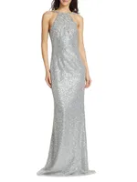 Beaded Sequin Cowl-Back Gown