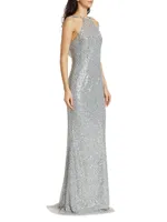 Beaded Sequin Cowl-Back Gown