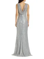 Beaded Sequin Cowl-Back Gown