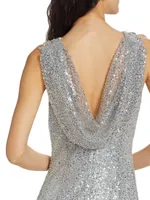 Beaded Sequin Cowl-Back Gown