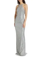 Beaded Sequin Cowl-Back Gown