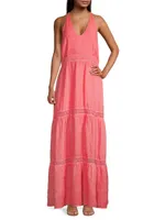 Resort Linen Tiered Halter Maxi Dress