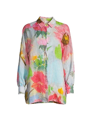 Resort Linen Floral Button-Front Shirt