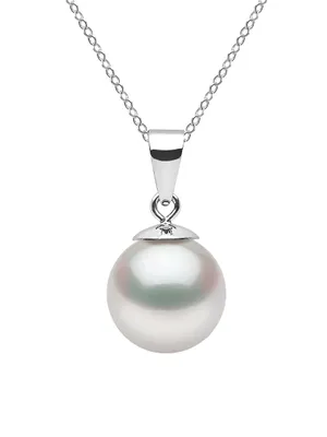 14K White Gold & 9-10MM White Akoya Cultured Pearl Pendant Necklace