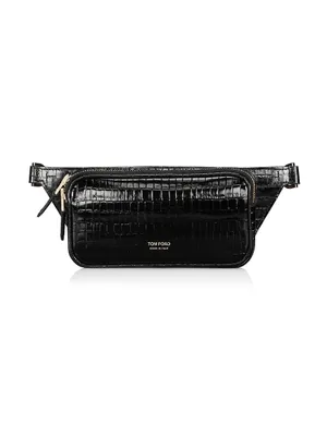 Glossy Crocodile-Embossed Leather Belt Bag