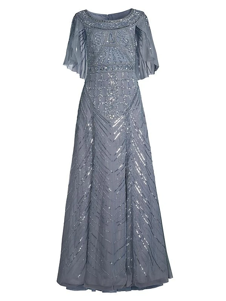 Beaded Cape A-Line Gown