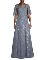 Beaded Cape A-Line Gown