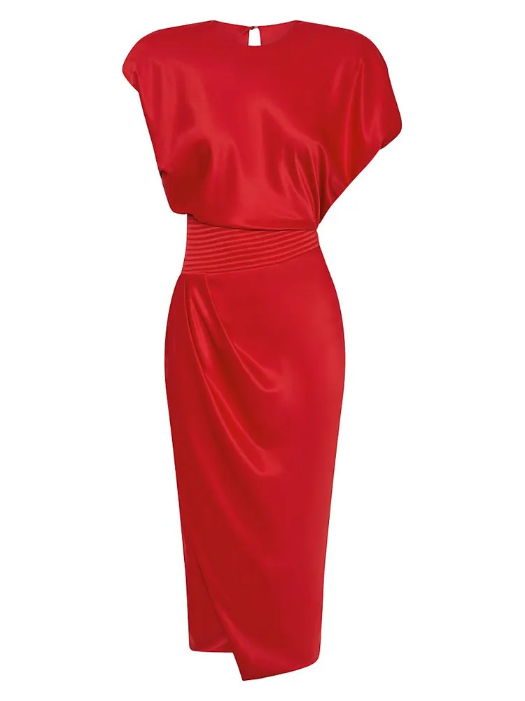 Bond Satin Pleated Asymmetric Midi-Dress