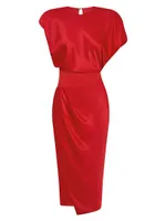 Bond Satin Pleated Asymmetric Midi-Dress