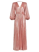 Zoe Billowy-Sleeve V-Neck Metallic Gown