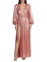 Zoe Billowy-Sleeve V-Neck Metallic Gown