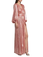 Zoe Billowy-Sleeve V-Neck Metallic Gown