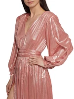 Zoe Billowy-Sleeve V-Neck Metallic Gown