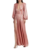 Zoe Billowy-Sleeve V-Neck Metallic Gown