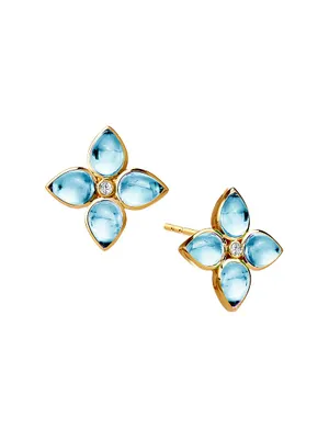 Jardin 18K Yellow Gold, Blue Topaz, & 0.09 TCW Diamond Flower Stud Earrings