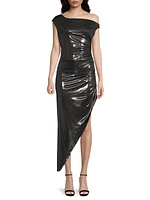 Metallic Asymmetric Draped Midi-Dress