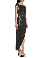 Metallic Asymmetric Draped Midi-Dress