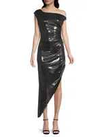 Metallic Asymmetric Draped Midi-Dress