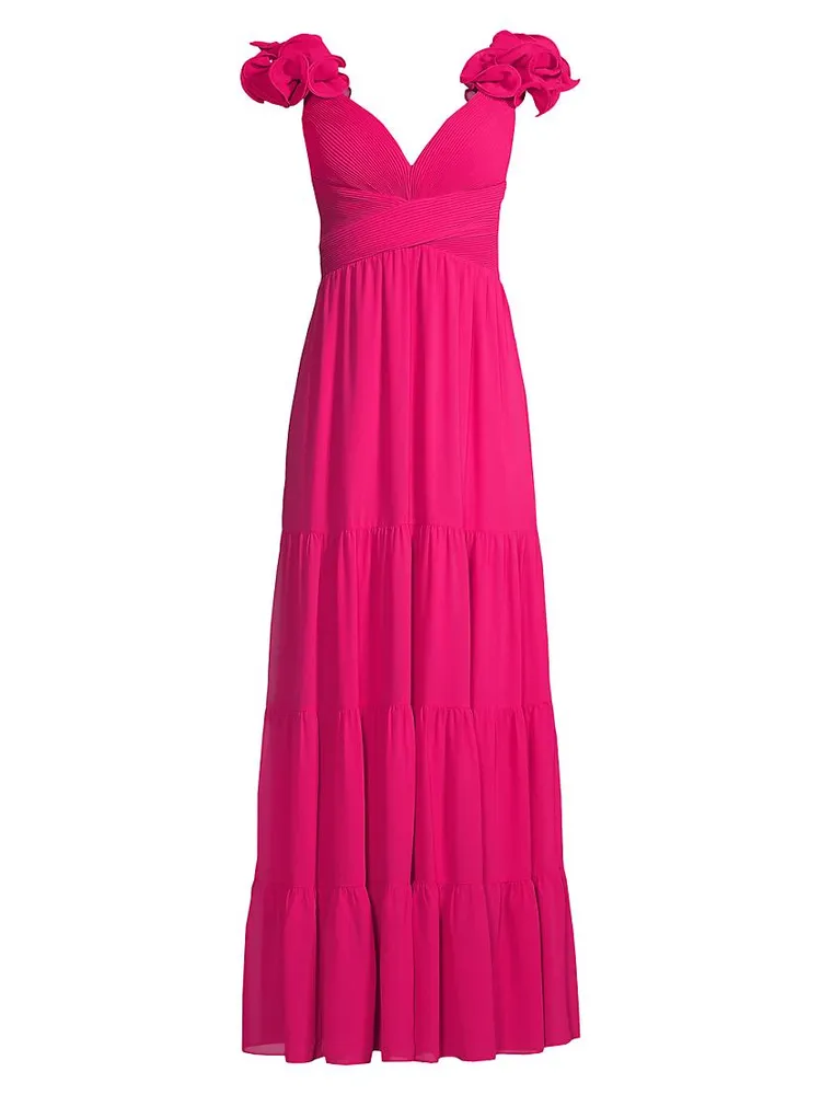 Ruffled-Shoulder Pleated Tiered Gown