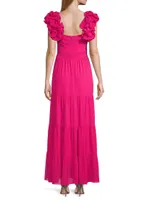 Ruffled-Shoulder Pleated Tiered Gown