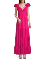 Ruffled-Shoulder Pleated Tiered Gown